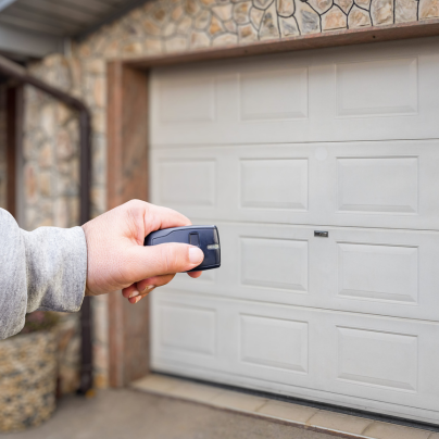 Hammond security key fob pointing to a garage door