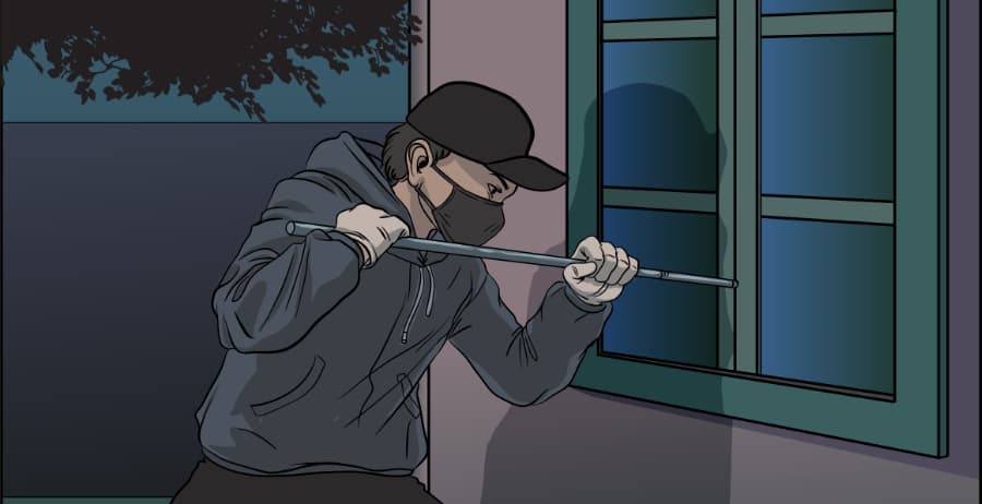 Illustration of burglar forcing entry through a window in Hammond